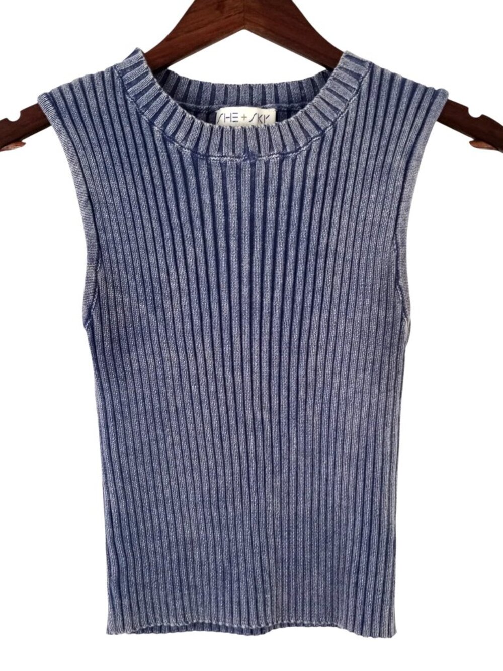 SHE + SKY Blue Mineral Washed Ribbed Crew Neck Tank Top Womens M